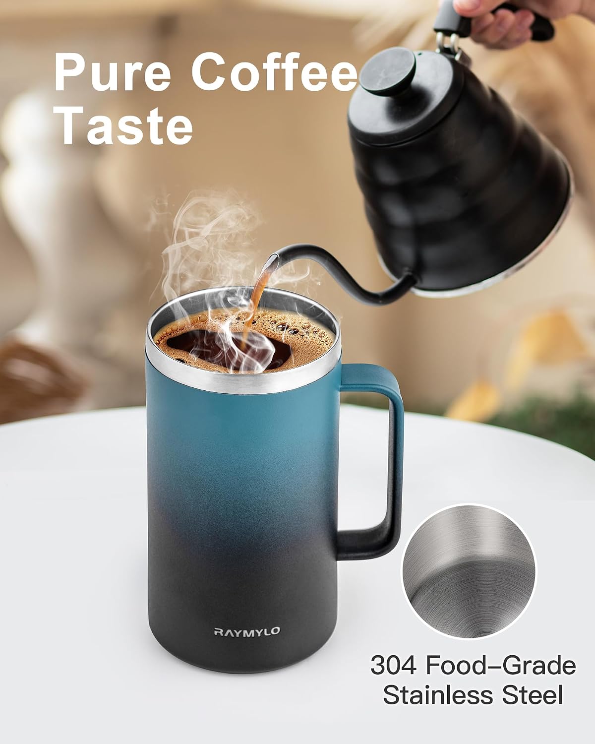 Insulated Coffee Mug 12 oz, Spill-Proof & Detachable Slider Lid | Double Wall Stainless Steel with Thorough Clean Lid & Handle, Cold for 9 Hrs, Suitable for Camp Home Office