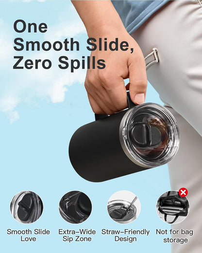 Insulated Coffee Mug 12 oz, Spill-Proof & Detachable Slider Lid | Double Wall Stainless Steel with Thorough Clean Lid & Handle, Cold for 9 Hrs, Suitable for Camp Home Office