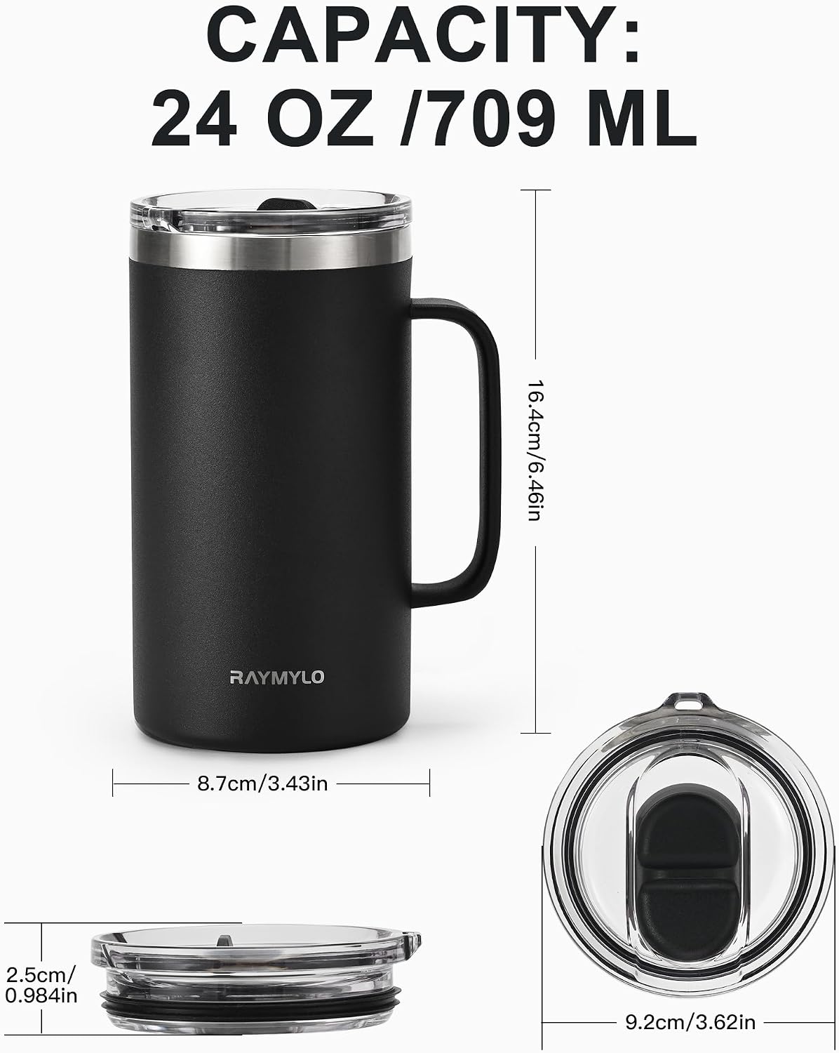 Insulated Coffee Mug 12 oz, Spill-Proof & Detachable Slider Lid | Double Wall Stainless Steel with Thorough Clean Lid & Handle, Cold for 9 Hrs, Suitable for Camp Home Office