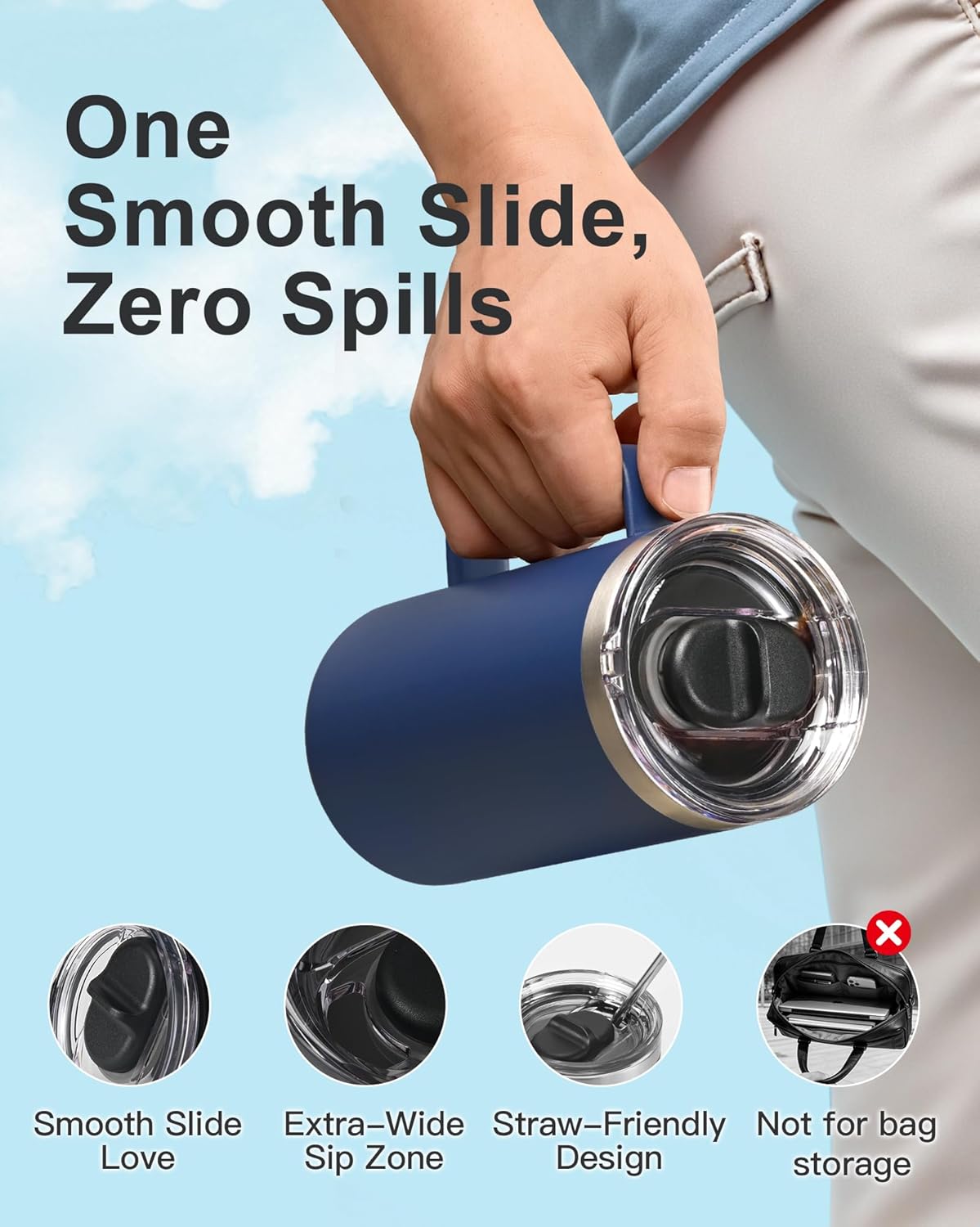 Insulated Coffee Mug 12 oz, Spill-Proof & Detachable Slider Lid | Double Wall Stainless Steel with Thorough Clean Lid & Handle, Cold for 9 Hrs, Suitable for Camp Home Office