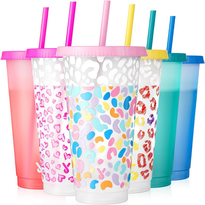 Plastic Cups with Lids and Straws - 6 Pack 24 oz Color Changing Cups, Iced Coffee Cups, Reusable Tumblers Bulk for Party, Car, Adults, Women, BPA-free (Solid & Patterned)