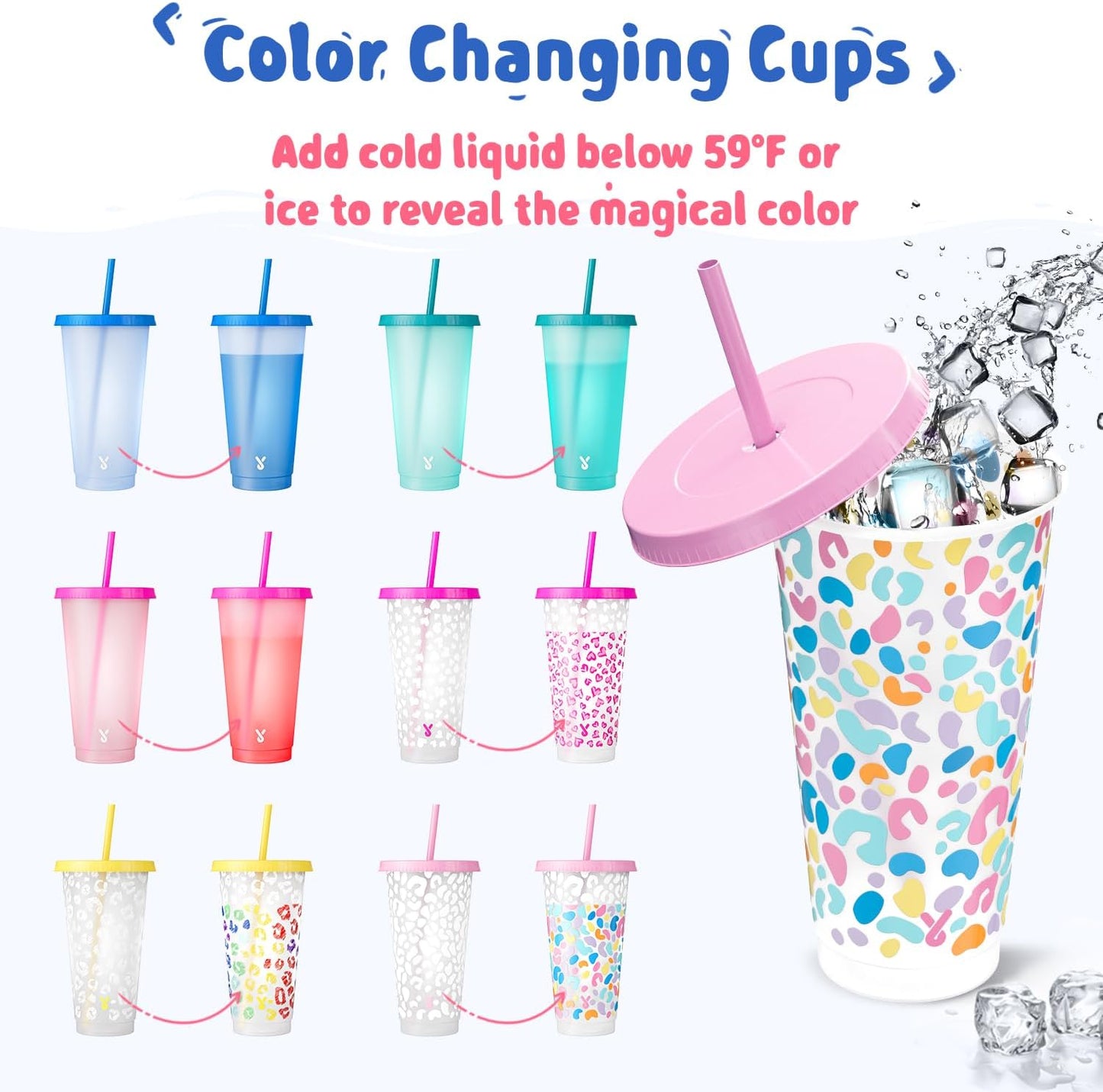 Plastic Cups with Lids and Straws - 6 Pack 24 oz Color Changing Cups, Iced Coffee Cups, Reusable Tumblers Bulk for Party, Car, Adults, Women, BPA-free (Solid & Patterned)