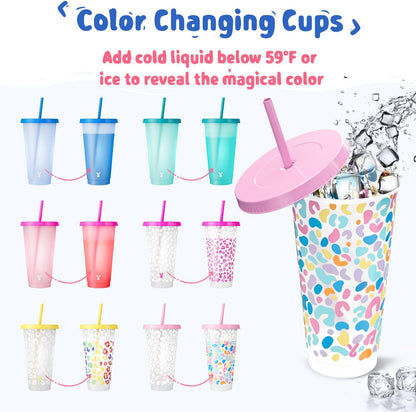 Plastic Cups with Lids and Straws - 6 Pack 24 oz Color Changing Cups, Iced Coffee Cups, Reusable Tumblers Bulk for Party, Car, Adults, Women, BPA-free (Solid & Patterned)