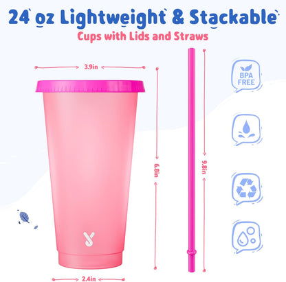 Plastic Cups with Lids and Straws - 6 Pack 24 oz Color Changing Cups, Iced Coffee Cups, Reusable Tumblers Bulk for Party, Car, Adults, Women, BPA-free (Solid & Patterned)
