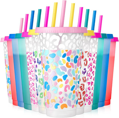 Plastic Cups with Lids and Straws - 6 Pack 24 oz Color Changing Cups, Iced Coffee Cups, Reusable Tumblers Bulk for Party, Car, Adults, Women, BPA-free (Solid & Patterned)