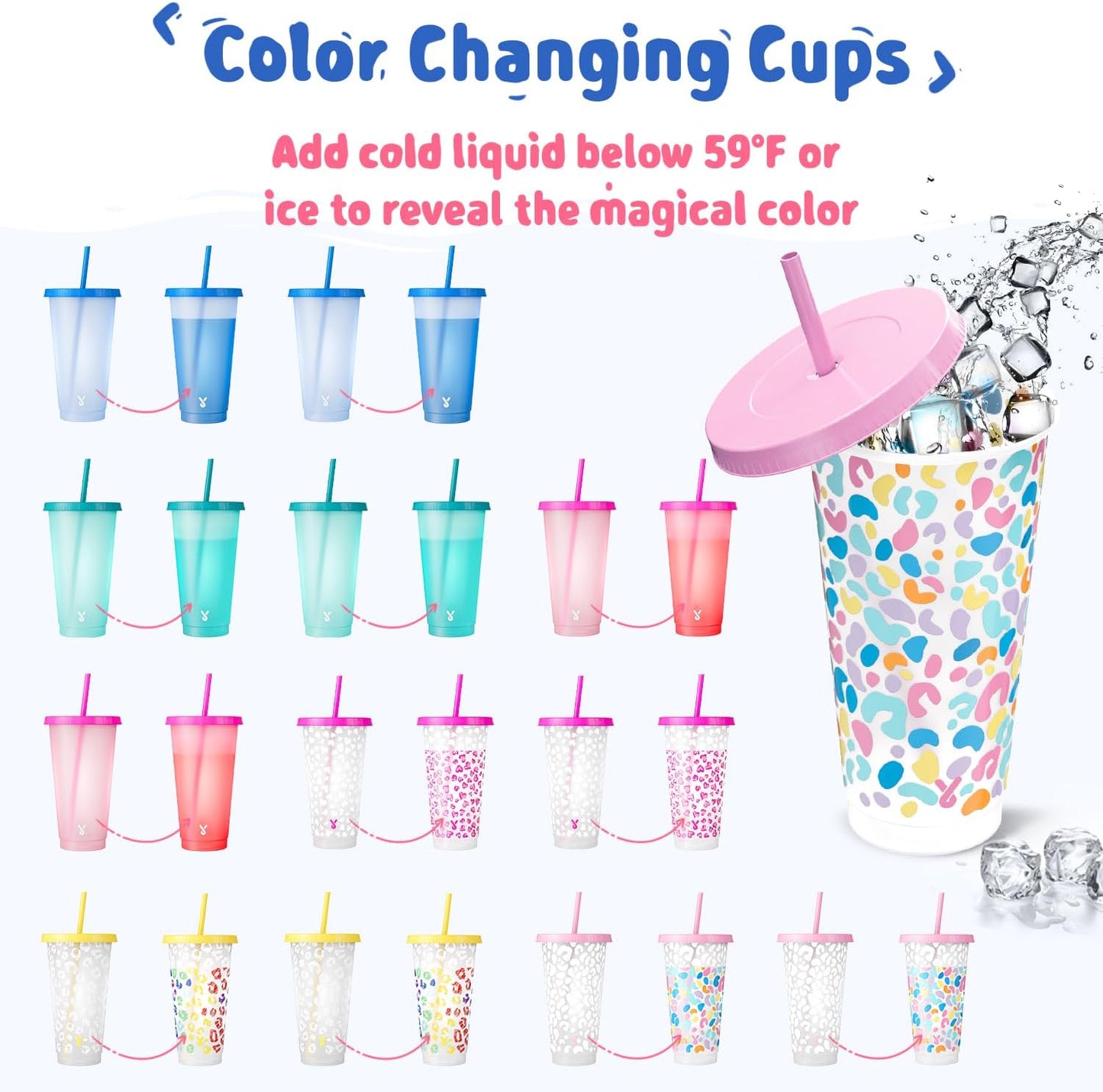Plastic Cups with Lids and Straws - 6 Pack 24 oz Color Changing Cups, Iced Coffee Cups, Reusable Tumblers Bulk for Party, Car, Adults, Women, BPA-free (Solid & Patterned)