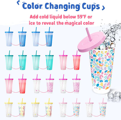 Plastic Cups with Lids and Straws - 6 Pack 24 oz Color Changing Cups, Iced Coffee Cups, Reusable Tumblers Bulk for Party, Car, Adults, Women, BPA-free (Solid & Patterned)