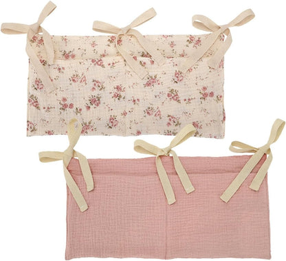 2Pcs Organizer Bag, Cotton Pacifier Diaper Storage Bag Double Grid Stroller Bed Hanging Bag(Flower Pink)