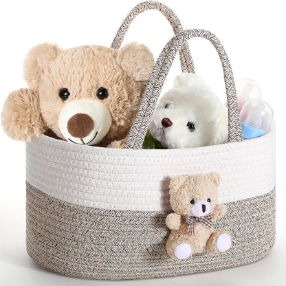 Diaper Caddy Organizer Teddy Bear Basket for Nursery with Handle Baby Shower Storage Bin Portable Cotton Rope Gift Bag for Changing Table Cart Car Baby Wipes Newborn Essentials(Gray White)