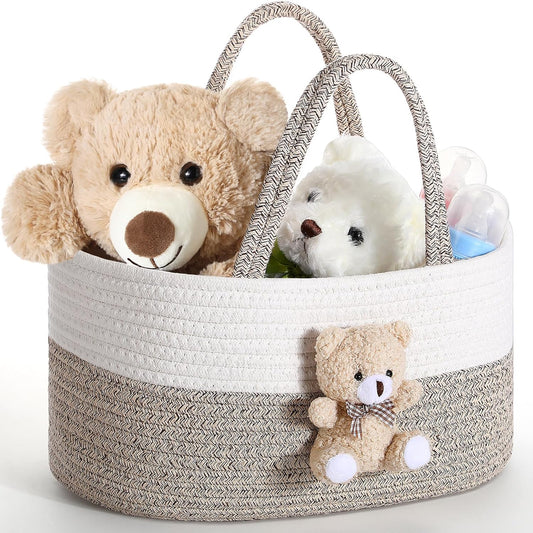 Diaper Caddy Organizer Teddy Bear Basket for Nursery with Handle Baby Shower Storage Bin Portable Cotton Rope Gift Bag for Changing Table Cart Car Baby Wipes Newborn Essentials(Gray White)
