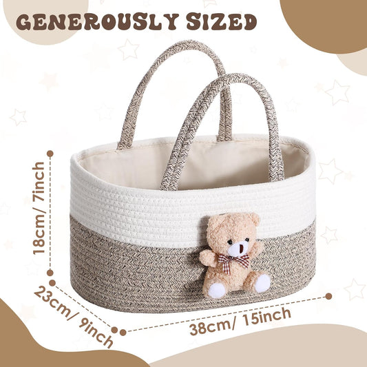 Diaper Caddy Organizer Teddy Bear Basket for Nursery with Handle Baby Shower Storage Bin Portable Cotton Rope Gift Bag for Changing Table Cart Car Baby Wipes Newborn Essentials(Gray White)
