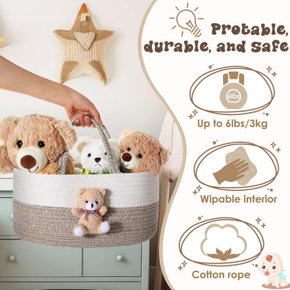 Diaper Caddy Organizer Teddy Bear Basket for Nursery with Handle Baby Shower Storage Bin Portable Cotton Rope Gift Bag for Changing Table Cart Car Baby Wipes Newborn Essentials(Gray White)