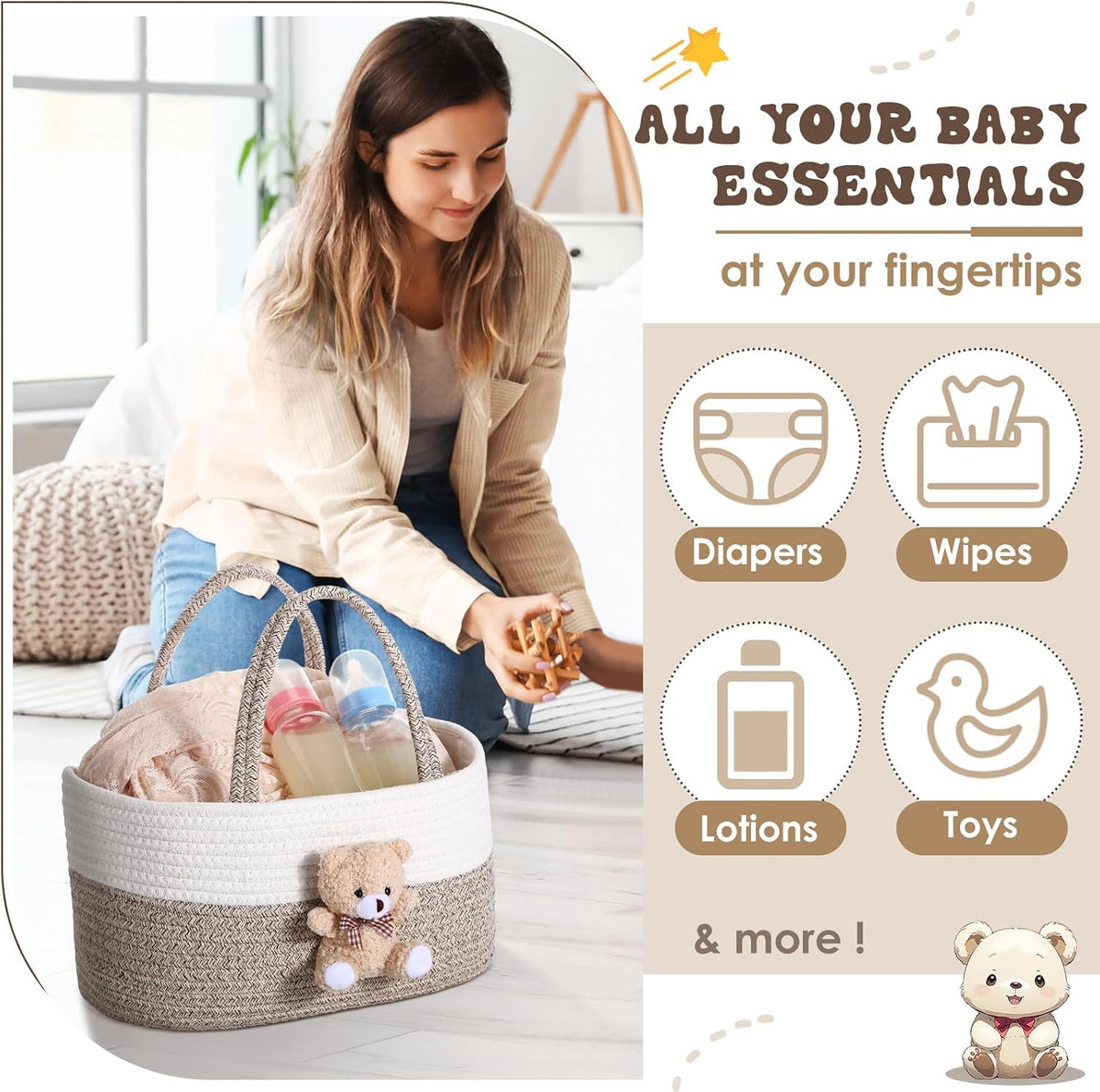 Diaper Caddy Organizer Teddy Bear Basket for Nursery with Handle Baby Shower Storage Bin Portable Cotton Rope Gift Bag for Changing Table Cart Car Baby Wipes Newborn Essentials(Gray White)