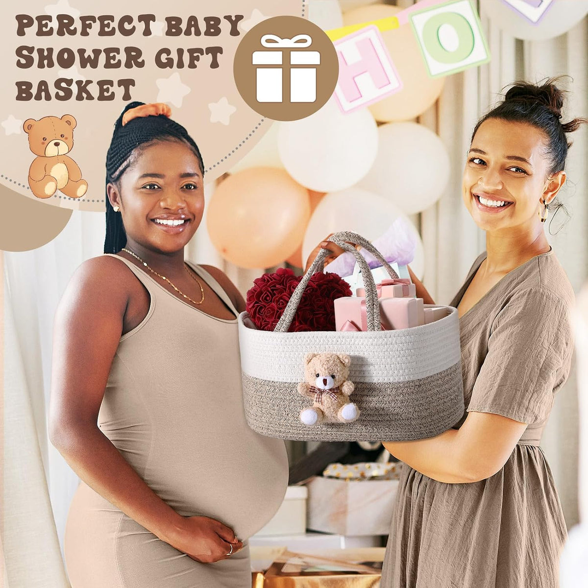 Diaper Caddy Organizer Teddy Bear Basket for Nursery with Handle Baby Shower Storage Bin Portable Cotton Rope Gift Bag for Changing Table Cart Car Baby Wipes Newborn Essentials(Gray White)