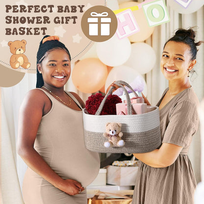 Diaper Caddy Organizer Teddy Bear Basket for Nursery with Handle Baby Shower Storage Bin Portable Cotton Rope Gift Bag for Changing Table Cart Car Baby Wipes Newborn Essentials(Gray White)