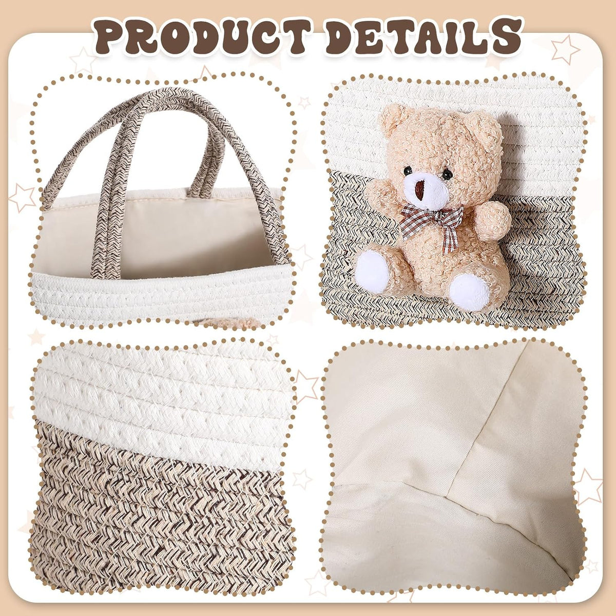 Diaper Caddy Organizer Teddy Bear Basket for Nursery with Handle Baby Shower Storage Bin Portable Cotton Rope Gift Bag for Changing Table Cart Car Baby Wipes Newborn Essentials(Gray White)