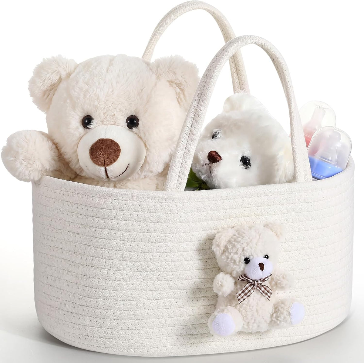 Diaper Caddy Organizer Teddy Bear Basket for Nursery with Handle Baby Shower Storage Bin Portable Cotton Rope Gift Bag for Changing Table Cart Car Baby Wipes Newborn Essentials(Gray White)