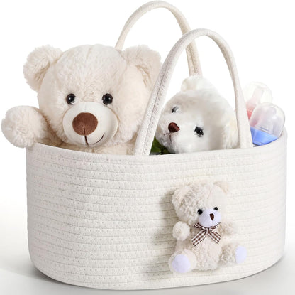 Diaper Caddy Organizer Teddy Bear Basket for Nursery with Handle Baby Shower Storage Bin Portable Cotton Rope Gift Bag for Changing Table Cart Car Baby Wipes Newborn Essentials(Gray White)