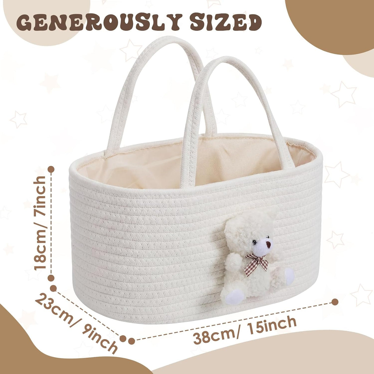 Diaper Caddy Organizer Teddy Bear Basket for Nursery with Handle Baby Shower Storage Bin Portable Cotton Rope Gift Bag for Changing Table Cart Car Baby Wipes Newborn Essentials(Gray White)
