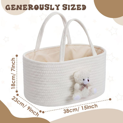 Diaper Caddy Organizer Teddy Bear Basket for Nursery with Handle Baby Shower Storage Bin Portable Cotton Rope Gift Bag for Changing Table Cart Car Baby Wipes Newborn Essentials(Gray White)
