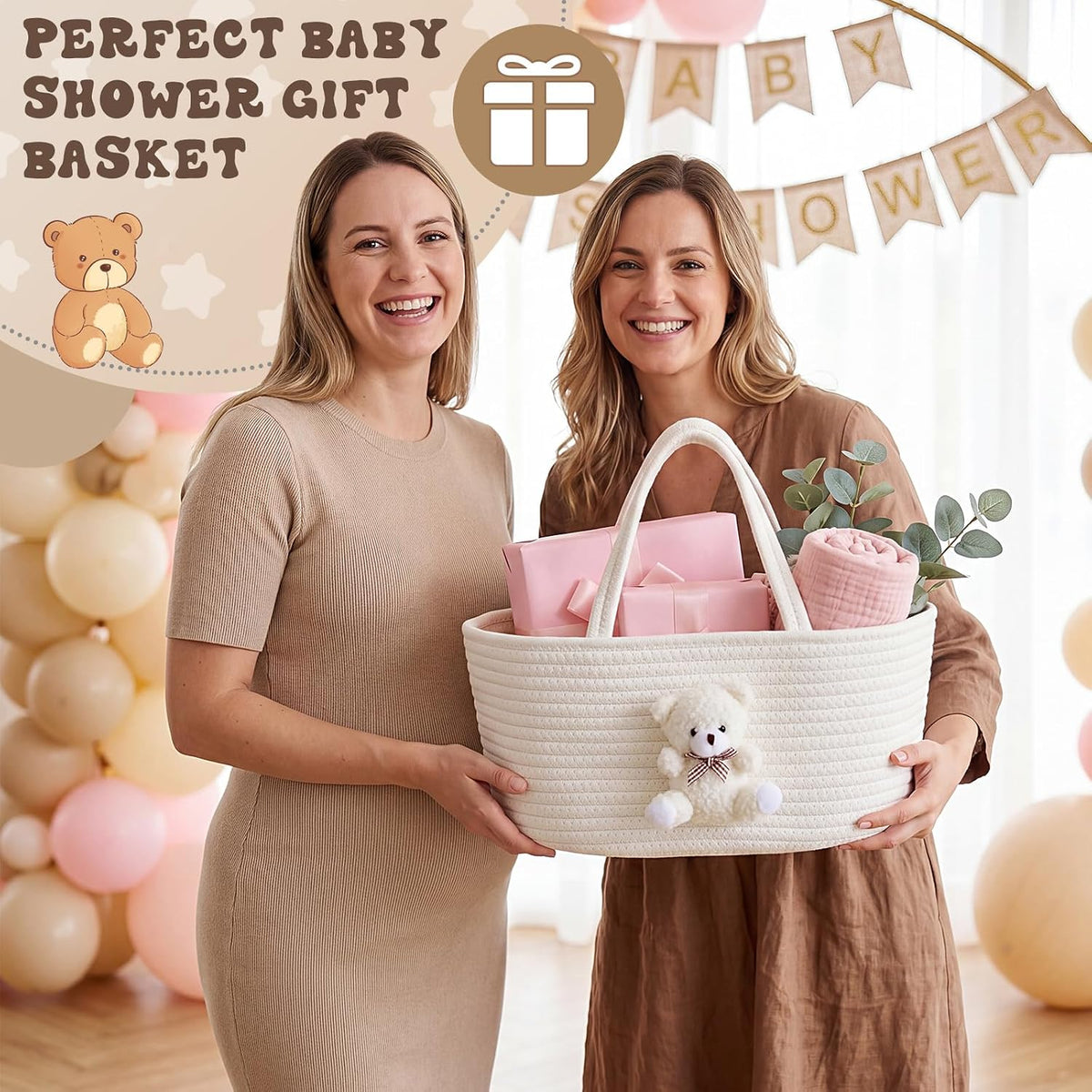 Diaper Caddy Organizer Teddy Bear Basket for Nursery with Handle Baby Shower Storage Bin Portable Cotton Rope Gift Bag for Changing Table Cart Car Baby Wipes Newborn Essentials(Gray White)