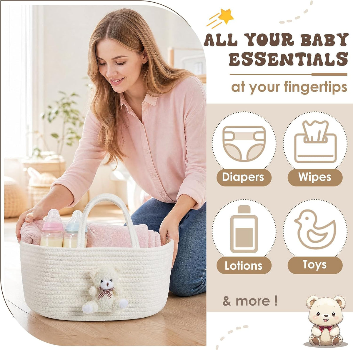 Diaper Caddy Organizer Teddy Bear Basket for Nursery with Handle Baby Shower Storage Bin Portable Cotton Rope Gift Bag for Changing Table Cart Car Baby Wipes Newborn Essentials(Gray White)