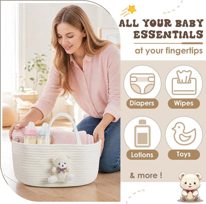 Diaper Caddy Organizer Teddy Bear Basket for Nursery with Handle Baby Shower Storage Bin Portable Cotton Rope Gift Bag for Changing Table Cart Car Baby Wipes Newborn Essentials(Gray White)