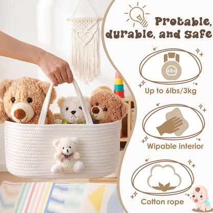 Diaper Caddy Organizer Teddy Bear Basket for Nursery with Handle Baby Shower Storage Bin Portable Cotton Rope Gift Bag for Changing Table Cart Car Baby Wipes Newborn Essentials(Gray White)