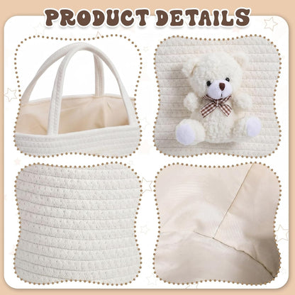 Diaper Caddy Organizer Teddy Bear Basket for Nursery with Handle Baby Shower Storage Bin Portable Cotton Rope Gift Bag for Changing Table Cart Car Baby Wipes Newborn Essentials(Gray White)