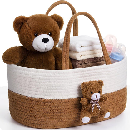 Diaper Caddy Organizer Teddy Bear Basket for Nursery with Handle Baby Shower Storage Bin Portable Cotton Rope Gift Bag for Changing Table Cart Car Baby Wipes Newborn Essentials(Gray White)