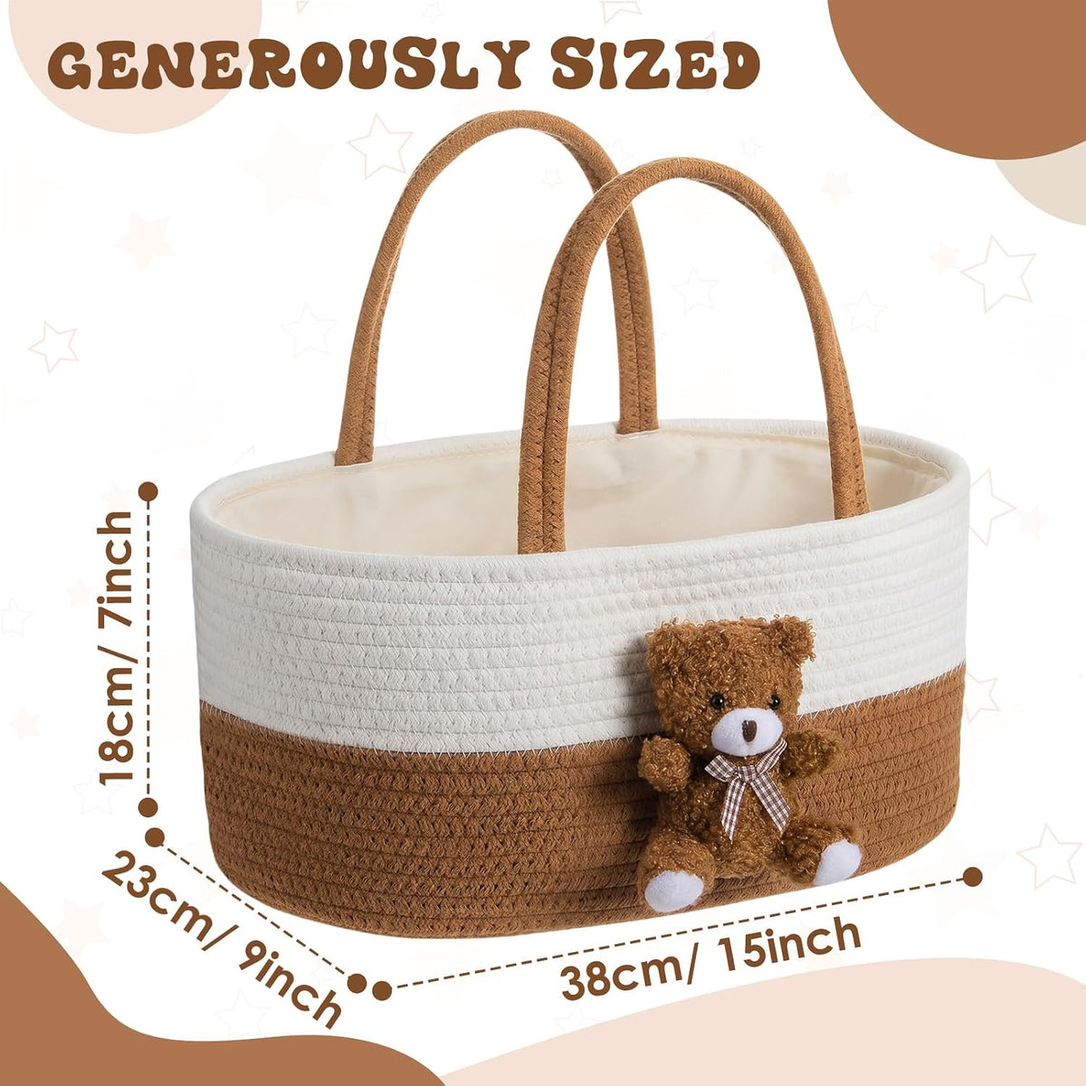Diaper Caddy Organizer Teddy Bear Basket for Nursery with Handle Baby Shower Storage Bin Portable Cotton Rope Gift Bag for Changing Table Cart Car Baby Wipes Newborn Essentials(Gray White)