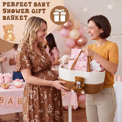 Diaper Caddy Organizer Teddy Bear Basket for Nursery with Handle Baby Shower Storage Bin Portable Cotton Rope Gift Bag for Changing Table Cart Car Baby Wipes Newborn Essentials(Gray White)