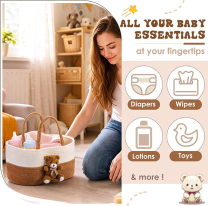 Diaper Caddy Organizer Teddy Bear Basket for Nursery with Handle Baby Shower Storage Bin Portable Cotton Rope Gift Bag for Changing Table Cart Car Baby Wipes Newborn Essentials(Gray White)