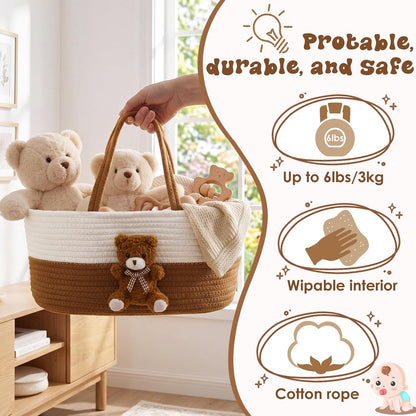 Diaper Caddy Organizer Teddy Bear Basket for Nursery with Handle Baby Shower Storage Bin Portable Cotton Rope Gift Bag for Changing Table Cart Car Baby Wipes Newborn Essentials(Gray White)