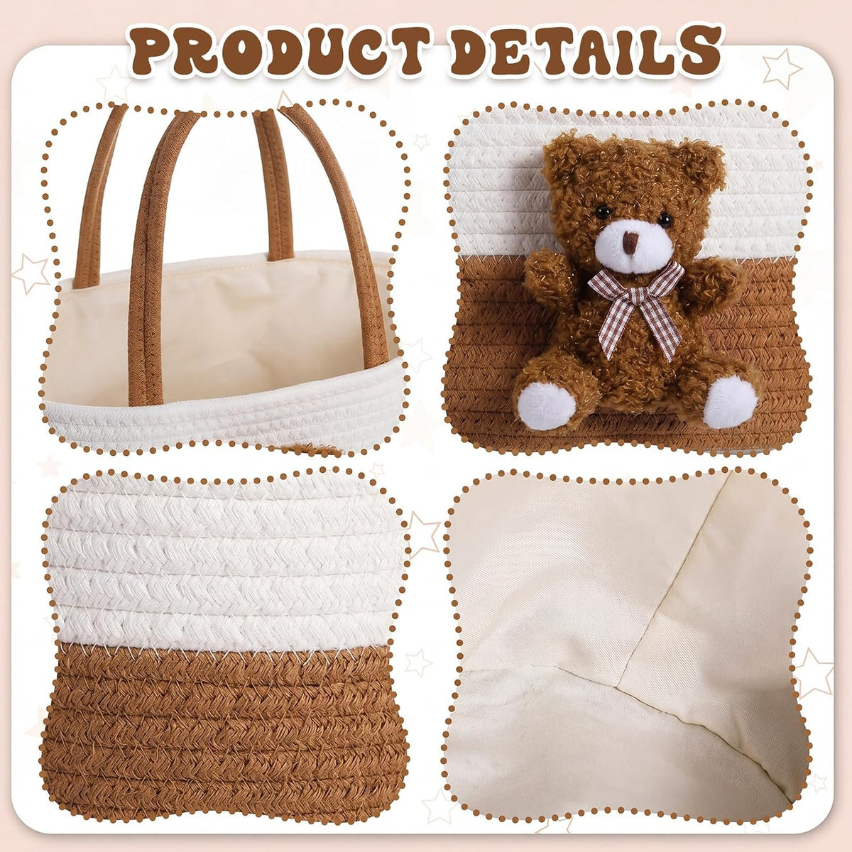 Diaper Caddy Organizer Teddy Bear Basket for Nursery with Handle Baby Shower Storage Bin Portable Cotton Rope Gift Bag for Changing Table Cart Car Baby Wipes Newborn Essentials(Gray White)