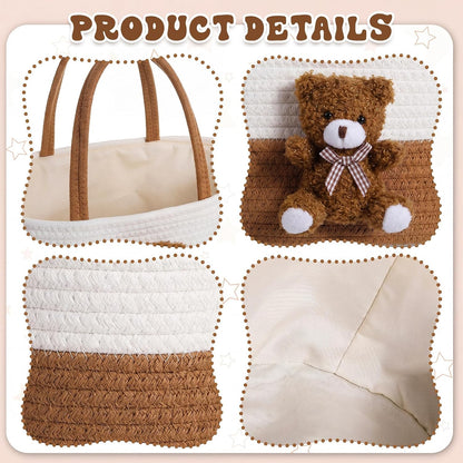 Diaper Caddy Organizer Teddy Bear Basket for Nursery with Handle Baby Shower Storage Bin Portable Cotton Rope Gift Bag for Changing Table Cart Car Baby Wipes Newborn Essentials(Gray White)