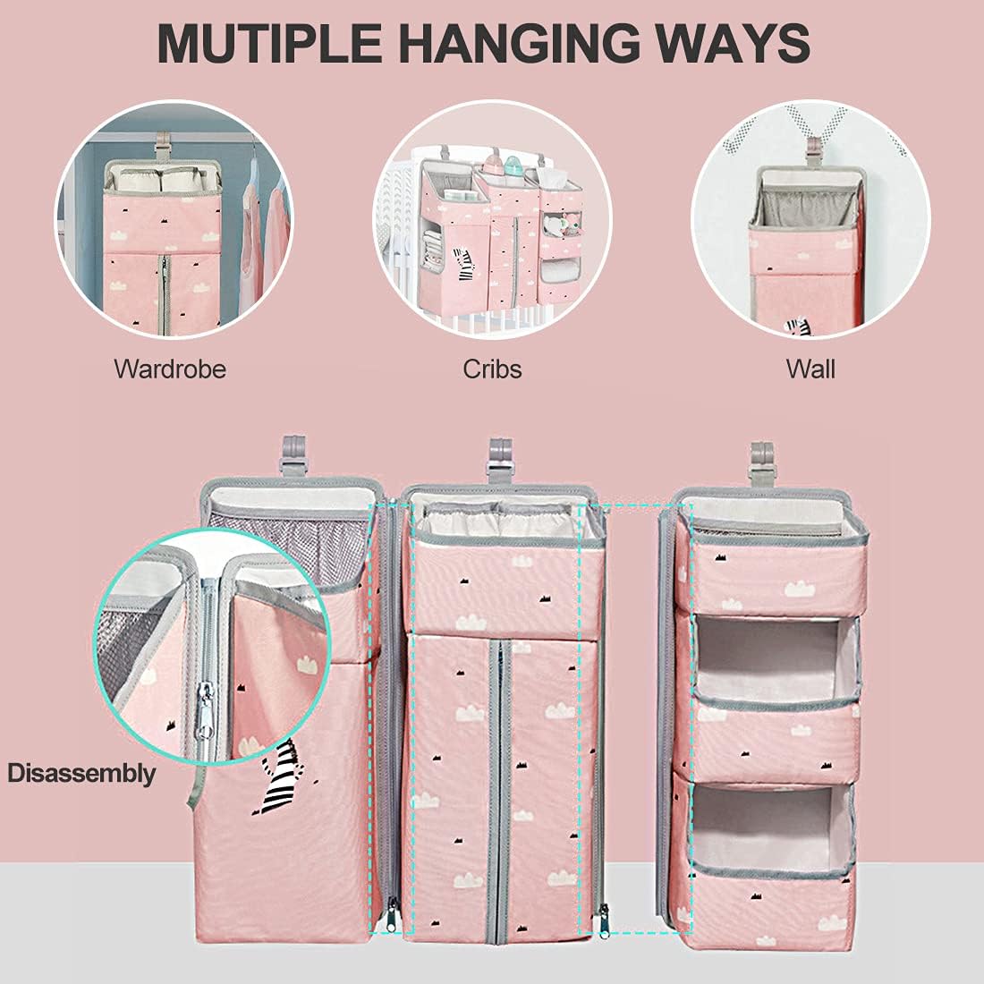 Hanging Diaper Caddy Organizer for Baby Crib - 3-in-1 Diaper Stacker for Changing Table Nursery Organization Storage Holder for Baby Essentials Attachment Portable Combining Clothing