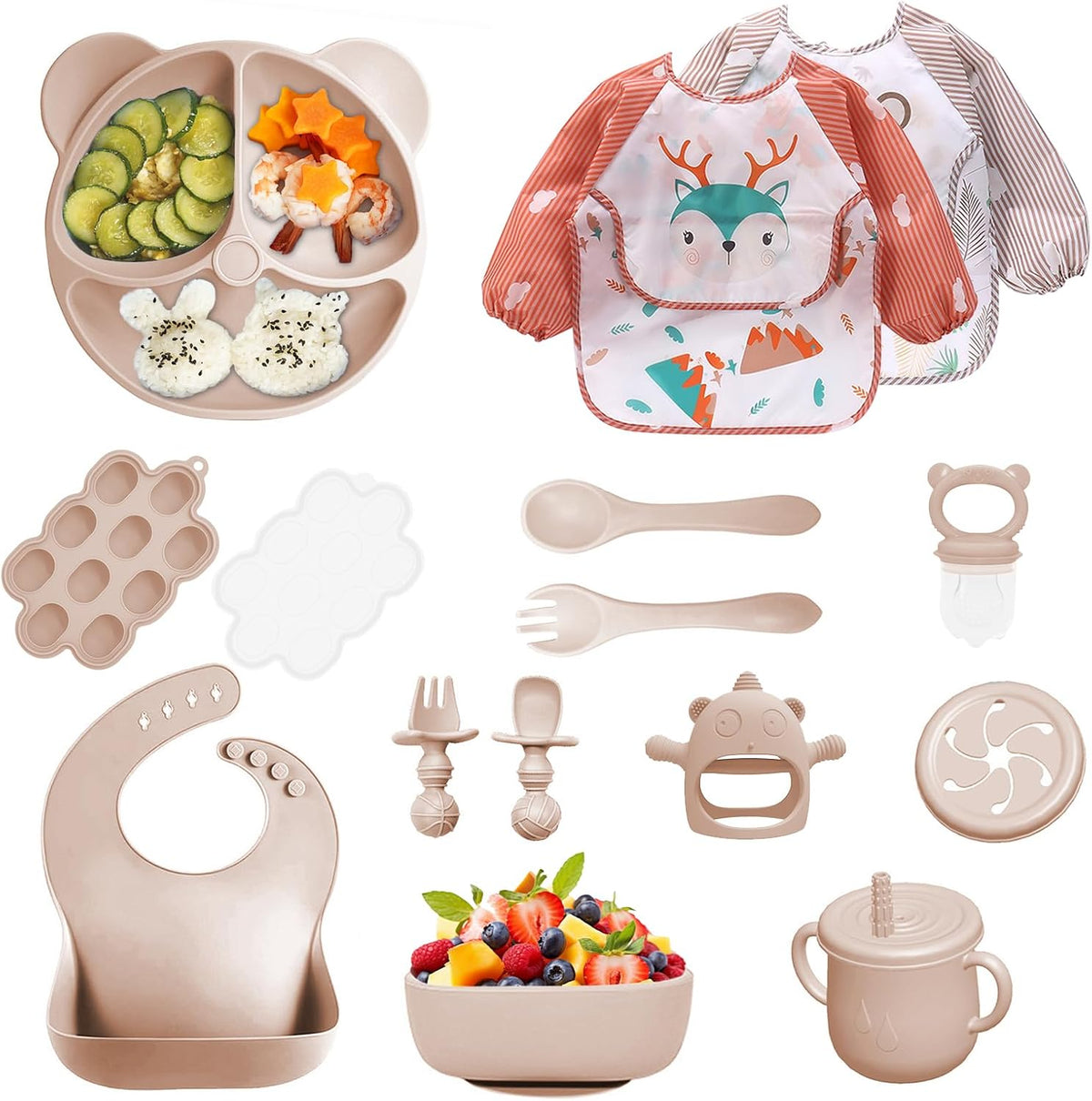 Silicone Baby Feeding Set, 14 Pcs Baby Led Weaning Supplies, Baby Spoons & Forks Suction Bowl Divided Plate Bib Cup, First Stage Solid Food Eating Utensils - 6+ Months (Beige)