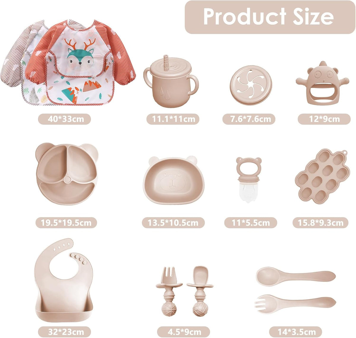 Silicone Baby Feeding Set, 14 Pcs Baby Led Weaning Supplies, Baby Spoons & Forks Suction Bowl Divided Plate Bib Cup, First Stage Solid Food Eating Utensils - 6+ Months (Beige)