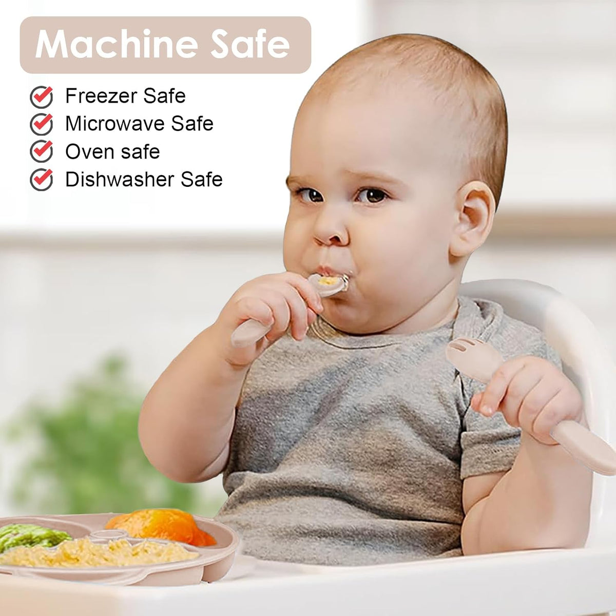 Silicone Baby Feeding Set, 14 Pcs Baby Led Weaning Supplies, Baby Spoons & Forks Suction Bowl Divided Plate Bib Cup, First Stage Solid Food Eating Utensils - 6+ Months (Beige)