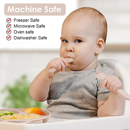 Silicone Baby Feeding Set, 14 Pcs Baby Led Weaning Supplies, Baby Spoons & Forks Suction Bowl Divided Plate Bib Cup, First Stage Solid Food Eating Utensils - 6+ Months (Beige)