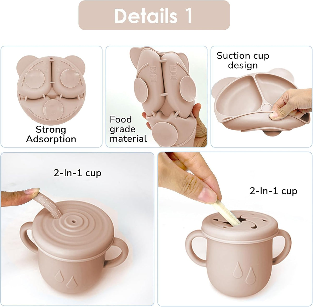Silicone Baby Feeding Set, 14 Pcs Baby Led Weaning Supplies, Baby Spoons & Forks Suction Bowl Divided Plate Bib Cup, First Stage Solid Food Eating Utensils - 6+ Months (Beige)