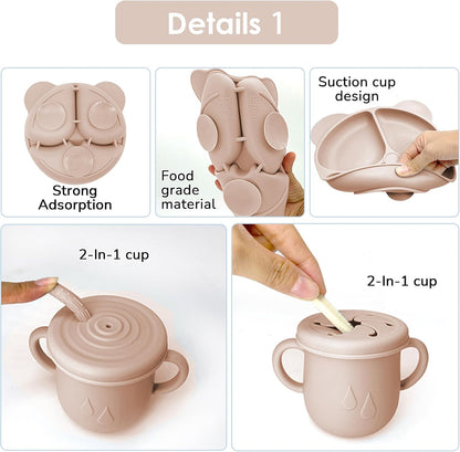 Silicone Baby Feeding Set, 14 Pcs Baby Led Weaning Supplies, Baby Spoons & Forks Suction Bowl Divided Plate Bib Cup, First Stage Solid Food Eating Utensils - 6+ Months (Beige)