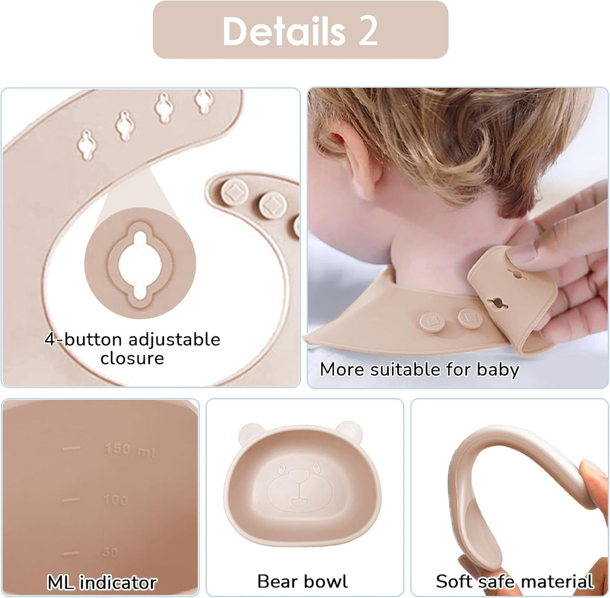 Silicone Baby Feeding Set, 14 Pcs Baby Led Weaning Supplies, Baby Spoons & Forks Suction Bowl Divided Plate Bib Cup, First Stage Solid Food Eating Utensils - 6+ Months (Beige)