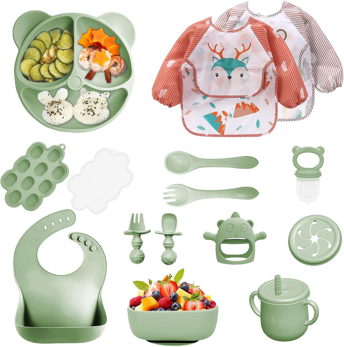 Silicone Baby Feeding Set, 14 Pcs Baby Led Weaning Supplies, Baby Spoons & Forks Suction Bowl Divided Plate Bib Cup, First Stage Solid Food Eating Utensils - 6+ Months (Beige)