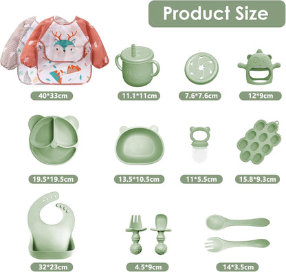 Silicone Baby Feeding Set, 14 Pcs Baby Led Weaning Supplies, Baby Spoons & Forks Suction Bowl Divided Plate Bib Cup, First Stage Solid Food Eating Utensils - 6+ Months (Beige)