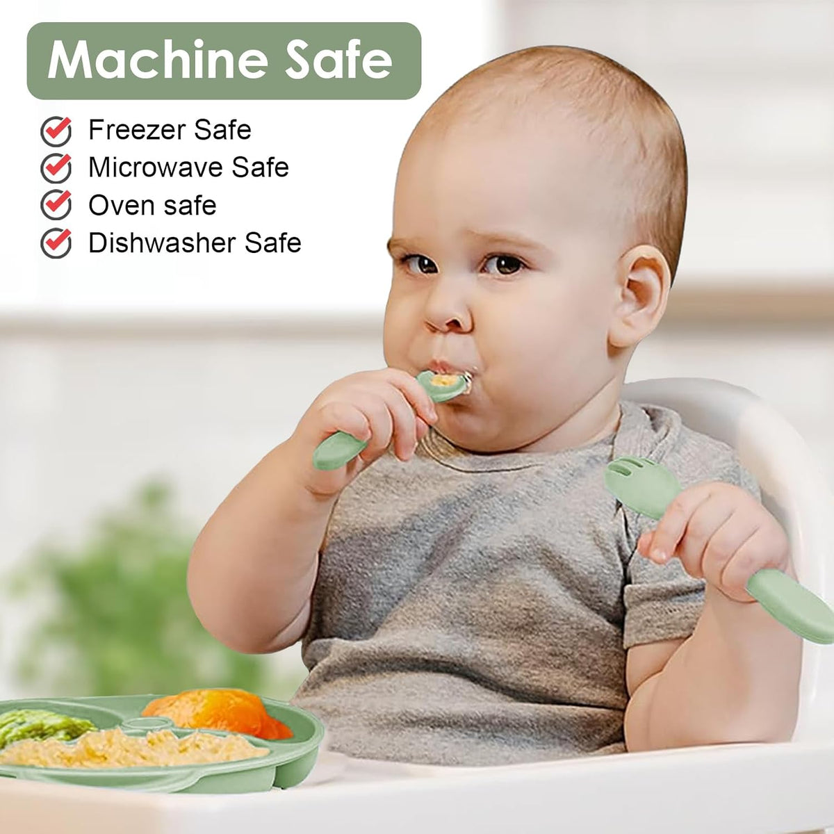 Silicone Baby Feeding Set, 14 Pcs Baby Led Weaning Supplies, Baby Spoons & Forks Suction Bowl Divided Plate Bib Cup, First Stage Solid Food Eating Utensils - 6+ Months (Beige)