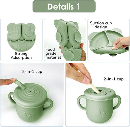 Silicone Baby Feeding Set, 14 Pcs Baby Led Weaning Supplies, Baby Spoons & Forks Suction Bowl Divided Plate Bib Cup, First Stage Solid Food Eating Utensils - 6+ Months (Beige)