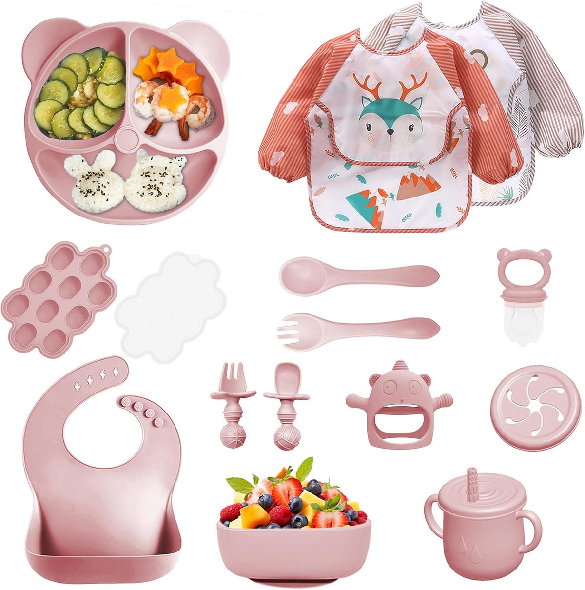 Silicone Baby Feeding Set, 14 Pcs Baby Led Weaning Supplies, Baby Spoons & Forks Suction Bowl Divided Plate Bib Cup, First Stage Solid Food Eating Utensils - 6+ Months (Beige)