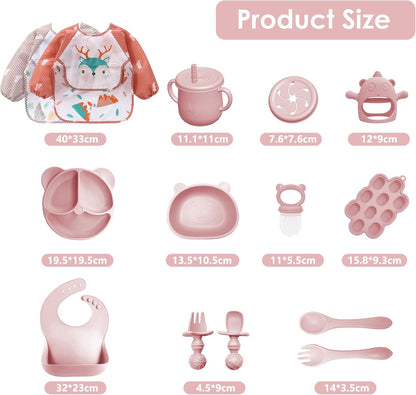 Silicone Baby Feeding Set, 14 Pcs Baby Led Weaning Supplies, Baby Spoons & Forks Suction Bowl Divided Plate Bib Cup, First Stage Solid Food Eating Utensils - 6+ Months (Beige)